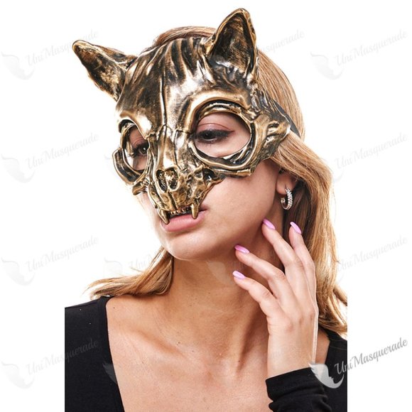 UniMasquerade Accessories - Cat Skull Halloween Vampire Party Mask Gold